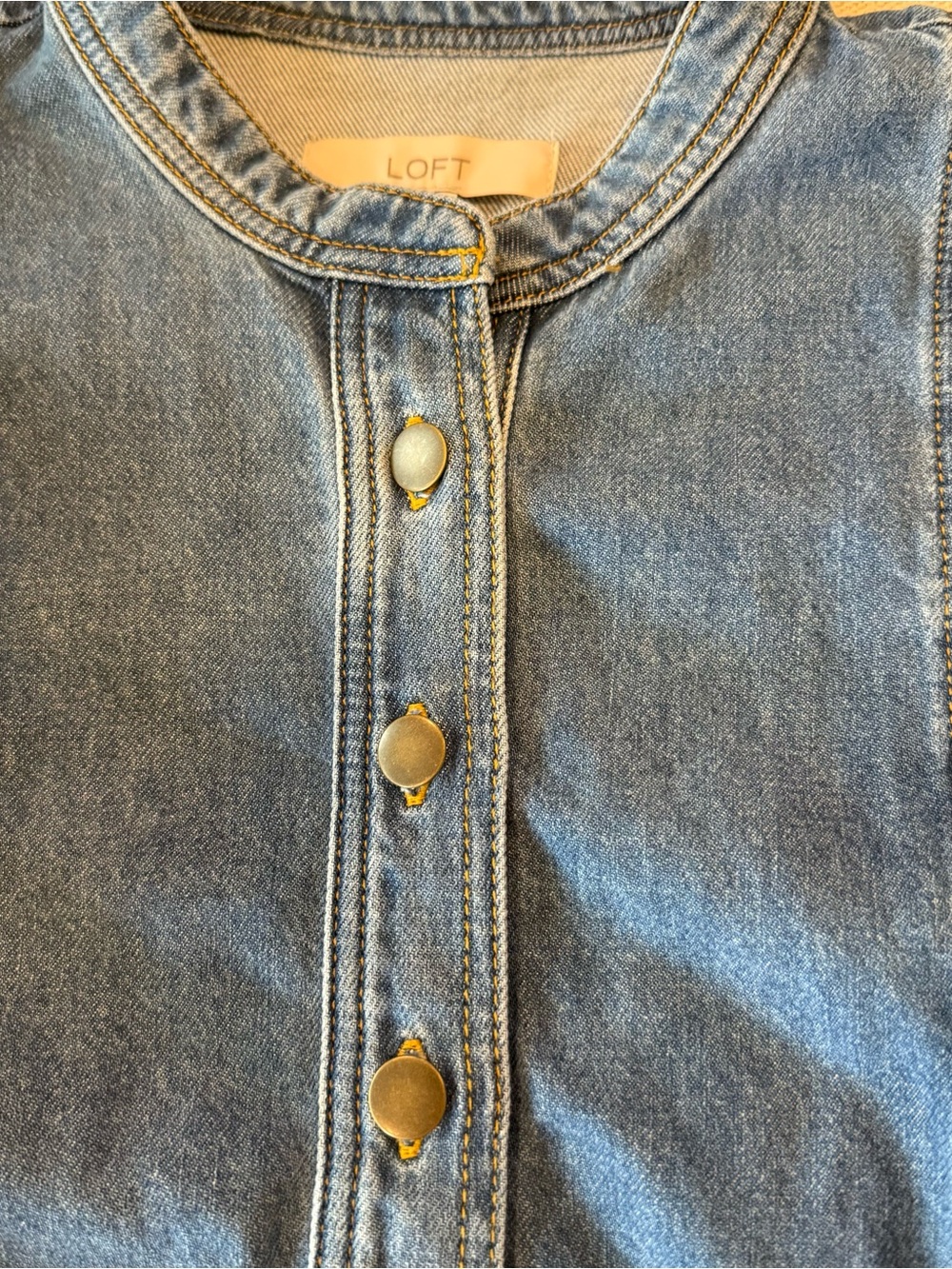 LOFT Blue Denim Ruffle-Shoulder Button Pullover - Picture 4 of 4
